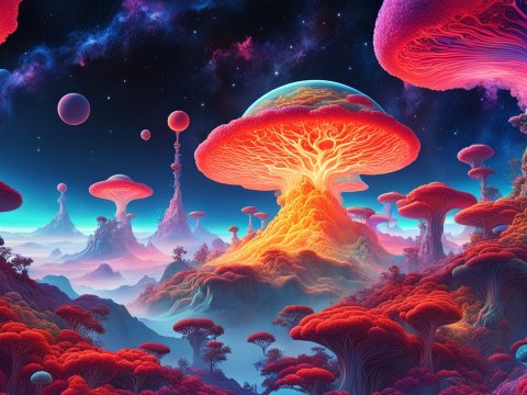 Colorful Cosmic Mycelium Network in an Alien Landscape