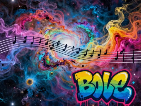 Colorful Cosmic Smoke with Musical Notes and Graffiti