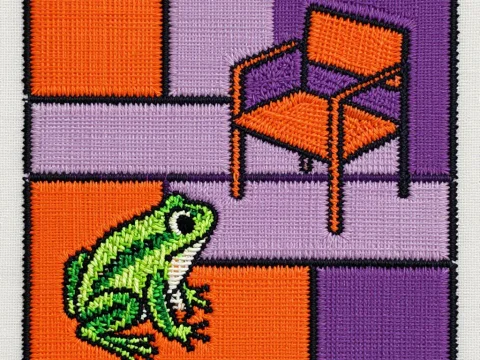 Colorful Embroidered Frog and Chair on Geometric Background