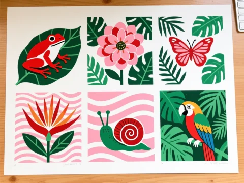 Colorful Flora and Fauna Illustrations in Bold Graphic Style