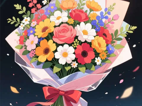 Colorful Floral Bouquet with Red Ribbon in Anime Style