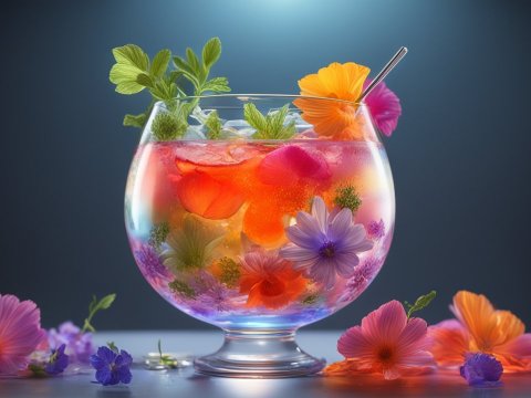 Colorful Floral Cocktail in a Glass with Ice
