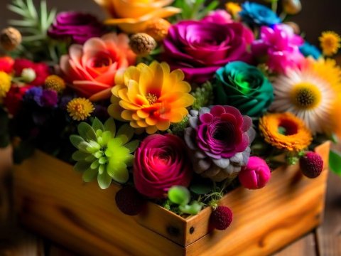 Colorful Flower Arrangement in Wooden Box