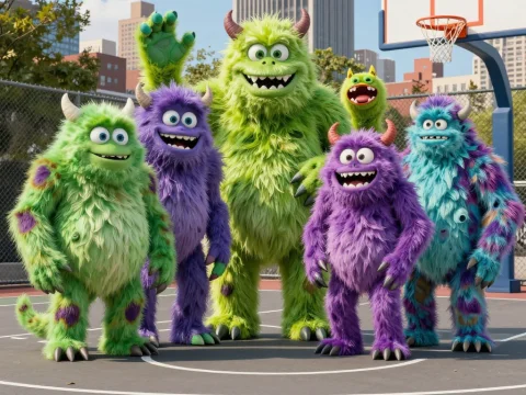 Colorful Furry Monsters Playing Basketball in NYC