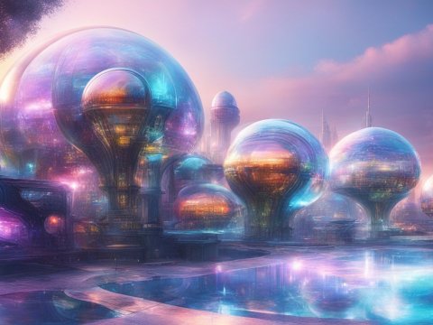 Colorful Futuristic City with Transparent Dome Structures