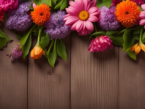 Colorful Garden Flowers on Wooden Surface