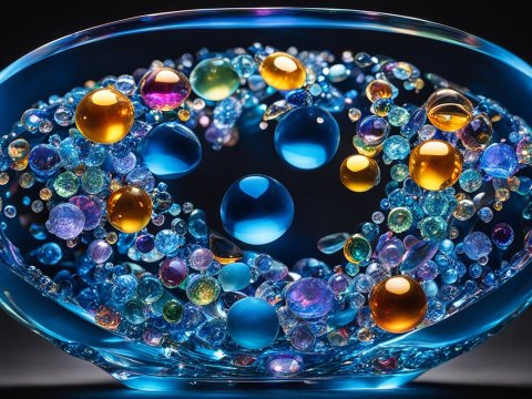 Colorful Glass Marbles in a Blue Glass Bowl