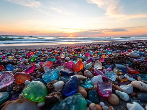 Colorful Glass Pebbles on a Beach at Sunset