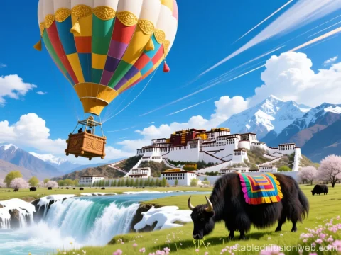 Colorful Hot Air Balloon Over Tibetan Landscape