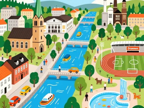 Colorful Illustrated Map of Drammen City with River and Stadium