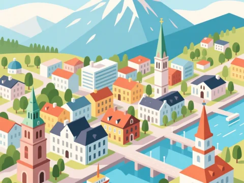 Colorful Illustrated Town with Mountain Backdrop
