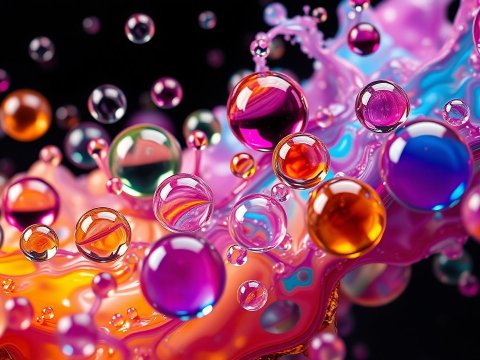Colorful Immiscible Liquid Droplets in Abstract Flow