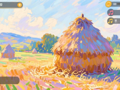 Colorful Impressionist Haystack in a Field