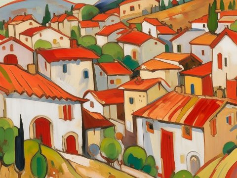 Colorful Mediterranean Village Painting