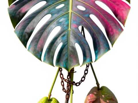 Colorful Monstera Leaf with Hanging Leaves and Chain