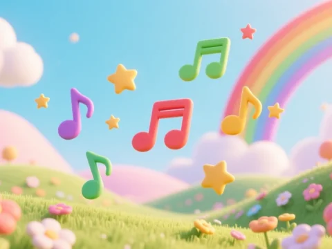 Colorful Musical Notes Dancing Over a Dreamy Pastel Landscape