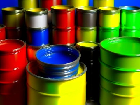 Colorful Paint Cans Arranged in Rows