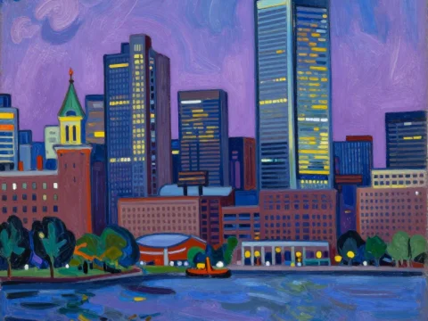 Colorful Painted Boston Cityscape at Twilight