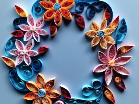 Colorful Paper Quilling Floral Wreath on Blue Background