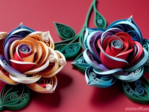 Colorful Paper Quilling Roses on Red Background