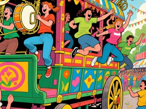 Colorful Parade Bandwagon with Joyful Musicians and Crowd