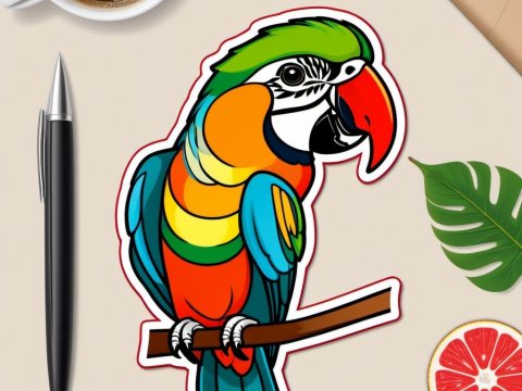 Colorful Parrot Sticker on Desk with Coffee and Pen