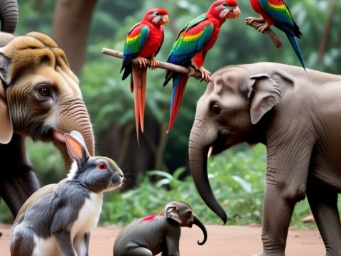 Colorful Parrots and Diverse Animals in a Lush Forest
