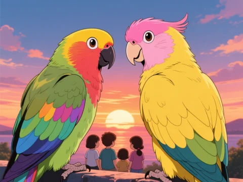 Colorful Parrots and Family Watching Sunset in Anime Style