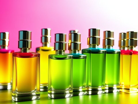 Colorful Perfume Bottles with Metallic Caps on Gradient Background