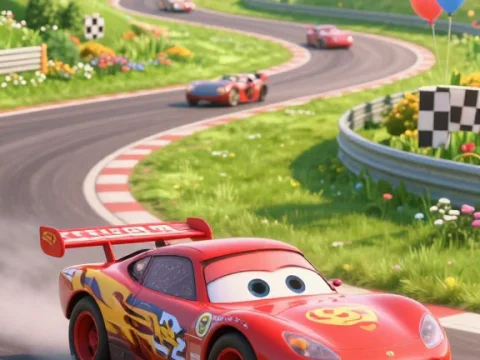 Colorful Pixar-Style Cartoon Racecar on Scenic Racetrack