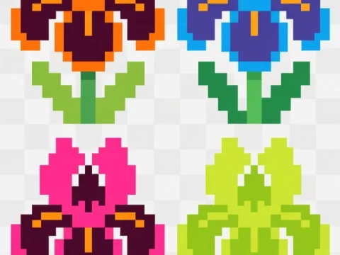 Colorful Pixel Art Japanese Iris Flowers