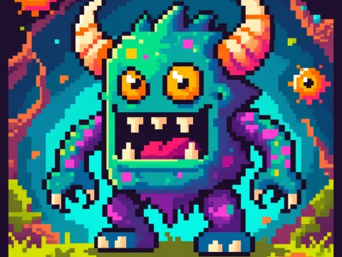 Colorful Pixel Art Monster with Horns in Fantasy Setting
