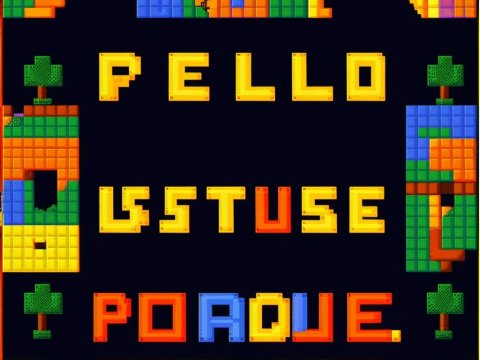 Colorful Pixel Art Text with Blocky Landscape