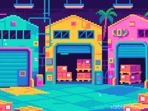 Colorful Pixel Art Warehouses with Palms