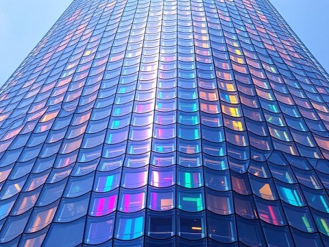 Colorful Reflections on a Modern Skyscraper Facade