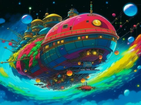 Colorful Sci-Fi Spaceship Floating in Space