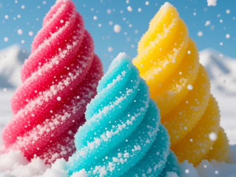 Colorful Snowy Twisted Ice Cream Cones in Winter Landscape