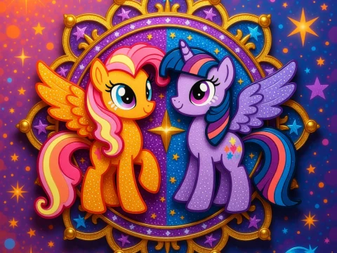 Colorful Sparkly Ponies with Wings and Stars