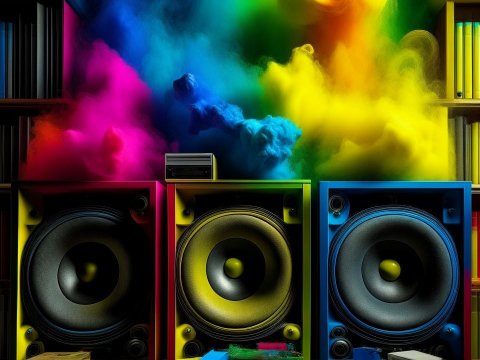 Colorful Speakers with Vibrant Smoke and Bookshelves
