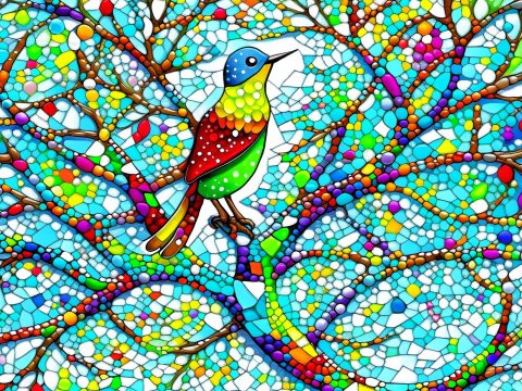 Colorful Stained Glass Bird on Branch