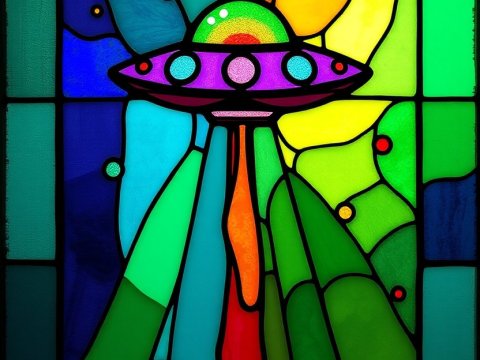 Colorful Stained Glass UFO with Psychedelic Abstract Background