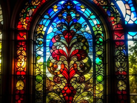 Colorful Stained Glass Window with Ornate Floral Design
