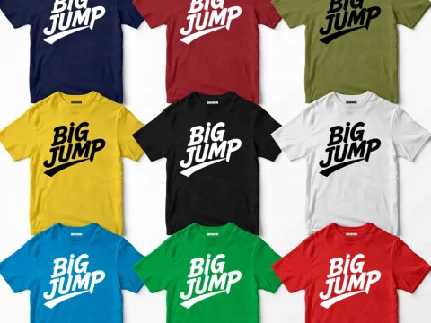 Colorful Streetwear T-Shirts with Bold 'BIG JUMP' Text