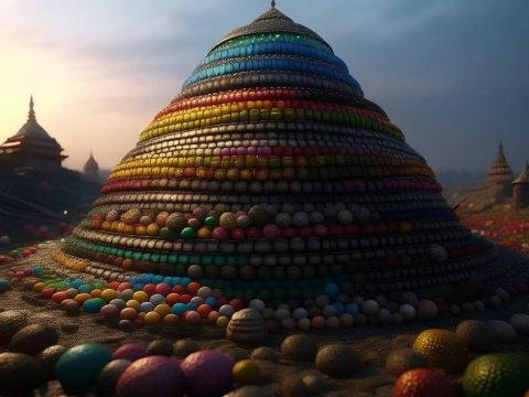 Colorful Stupa Made of Spherical Objects at Sunset