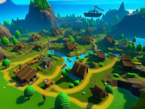 Colorful Stylized Village Landscape with Floating Ship