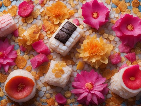 Colorful Sushi Platter with Floral Accents