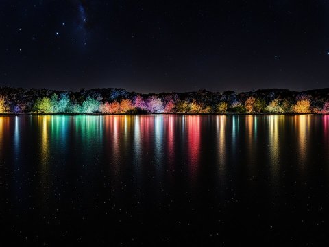 Colorful Trees Reflecting on a Lake Under a Starry Night Sky