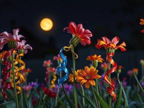 Colorful Twisting Flowers Under a Full Moon