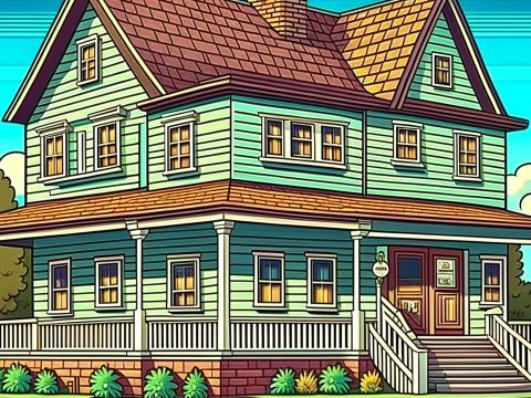 Colorful Two-Story Cartoon House with Porch