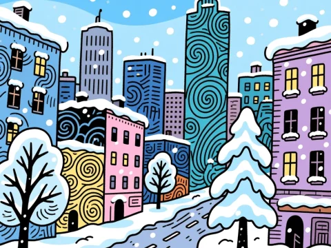 Colorful Urban Winter Scene with Snowfall